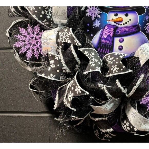 Christmas Snowman Wreath Black and Purple Winter Door Decor Handmade 24 inch - Picture 4 of 5
